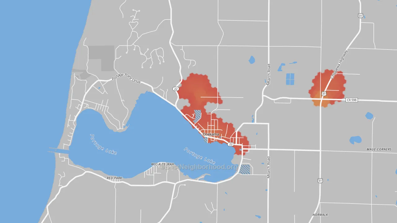 Walk Grade map of Onekama, MI, walkable areas in green and car-dependent areas in red