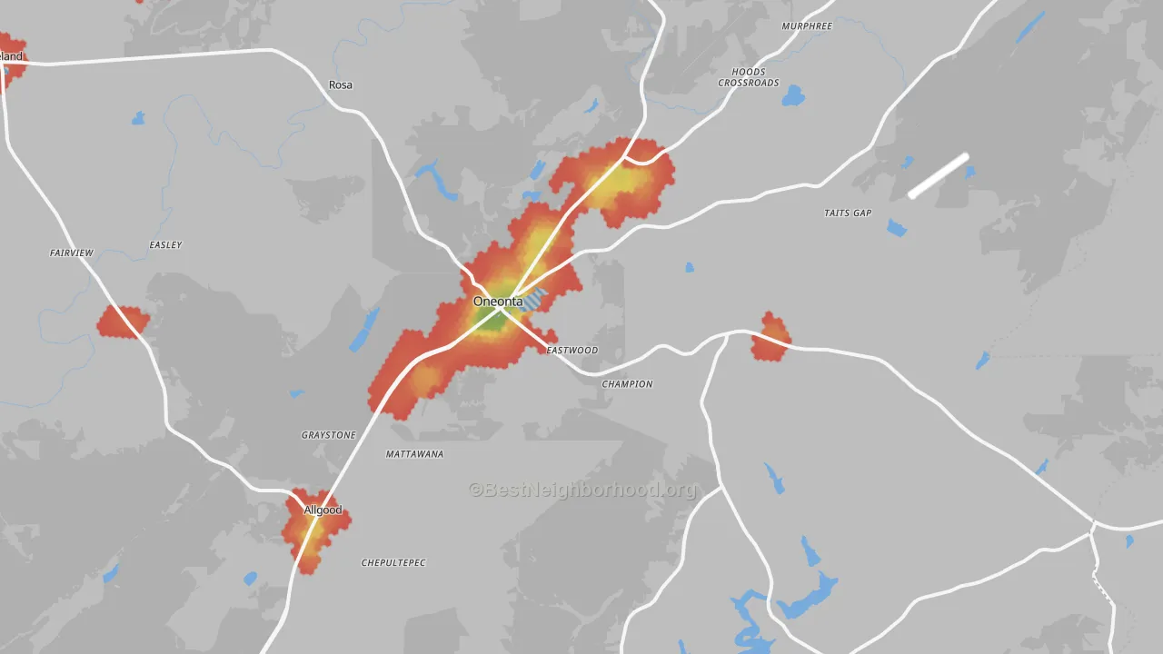 Walk Grade map of Oneonta, AL, walkable areas in green and car-dependent areas in red