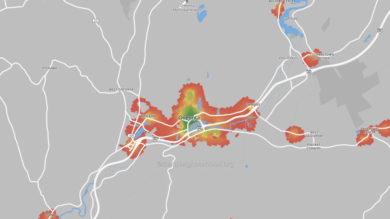 Walk Grade map of Oneonta, NY, walkable areas in green and car-dependent areas in red