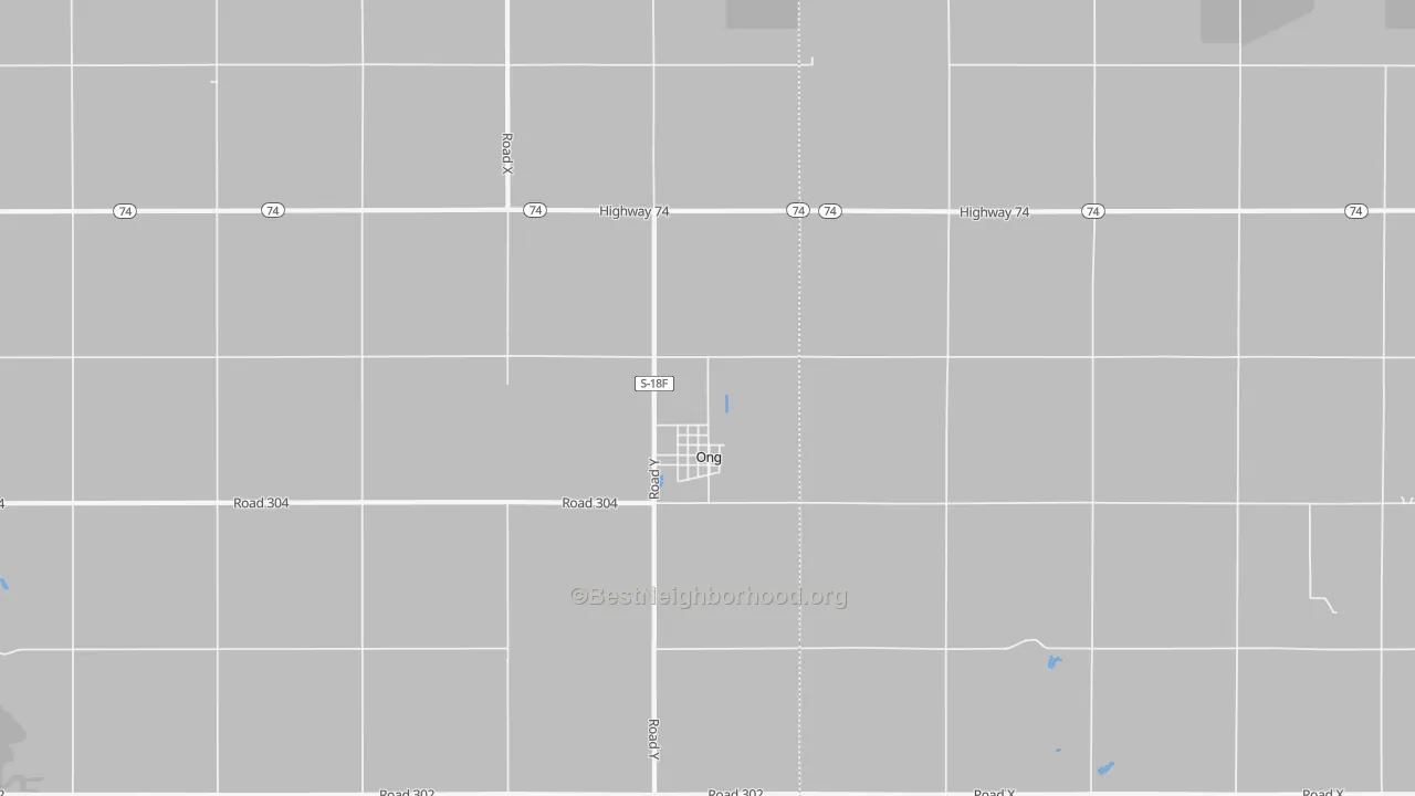 Walk Grade map of Ong, NE, walkable areas in green and car-dependent areas in red