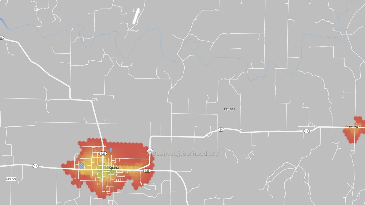 Walk Grade map of Ongo, MO, walkable areas in green and car-dependent areas in red