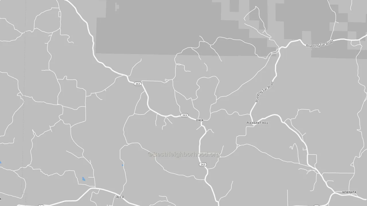Walk Grade map of Onia, AR, walkable areas in green and car-dependent areas in red