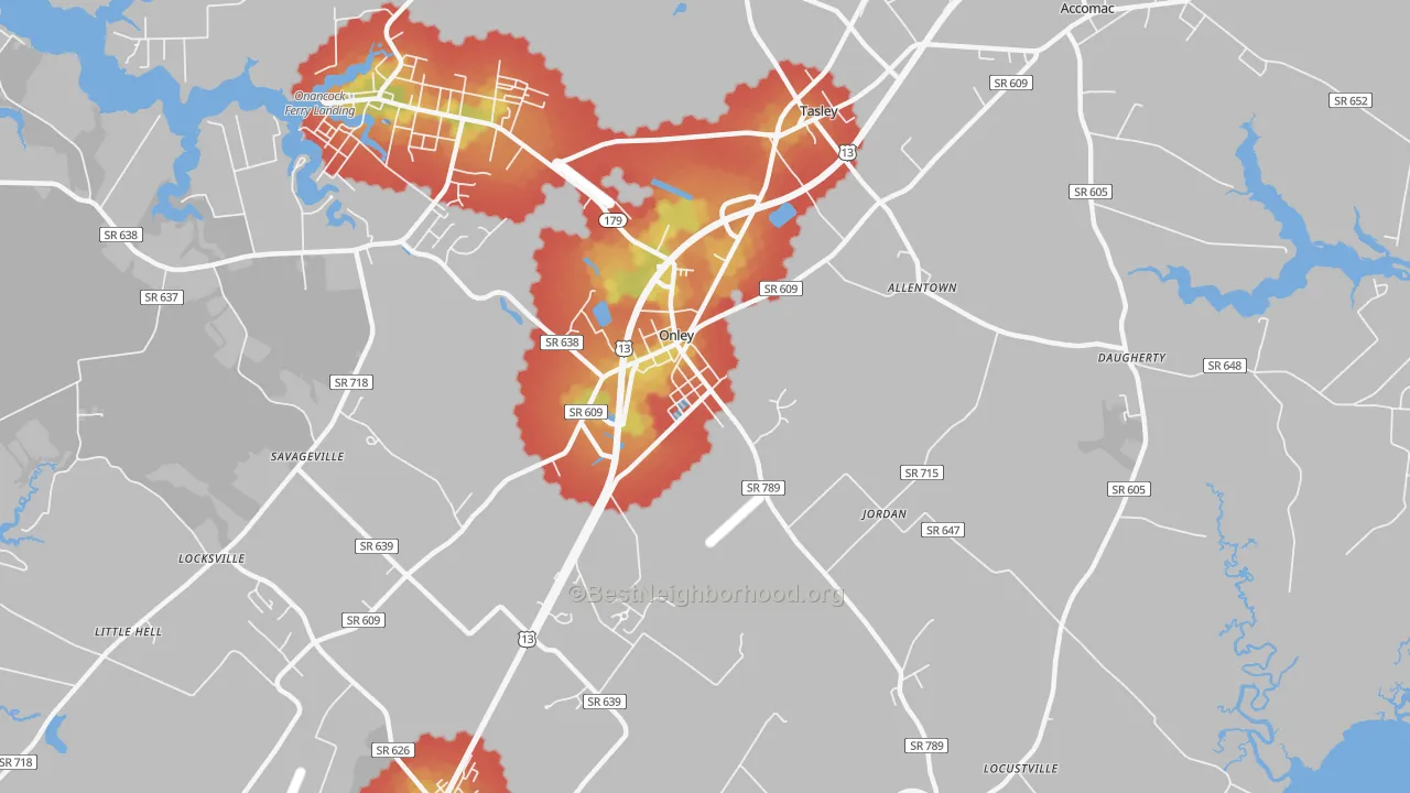 Walk Grade map of Onley, VA, walkable areas in green and car-dependent areas in red