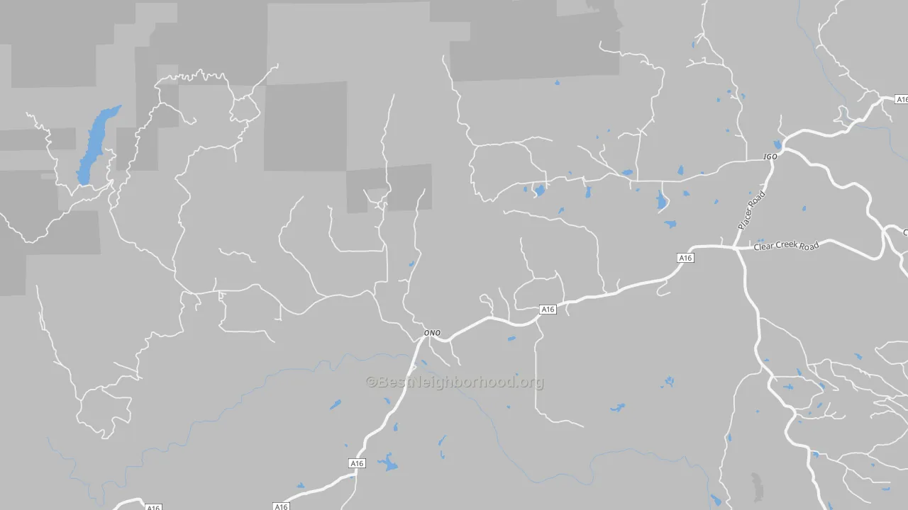 Walk Grade map of Ono, CA, walkable areas in green and car-dependent areas in red