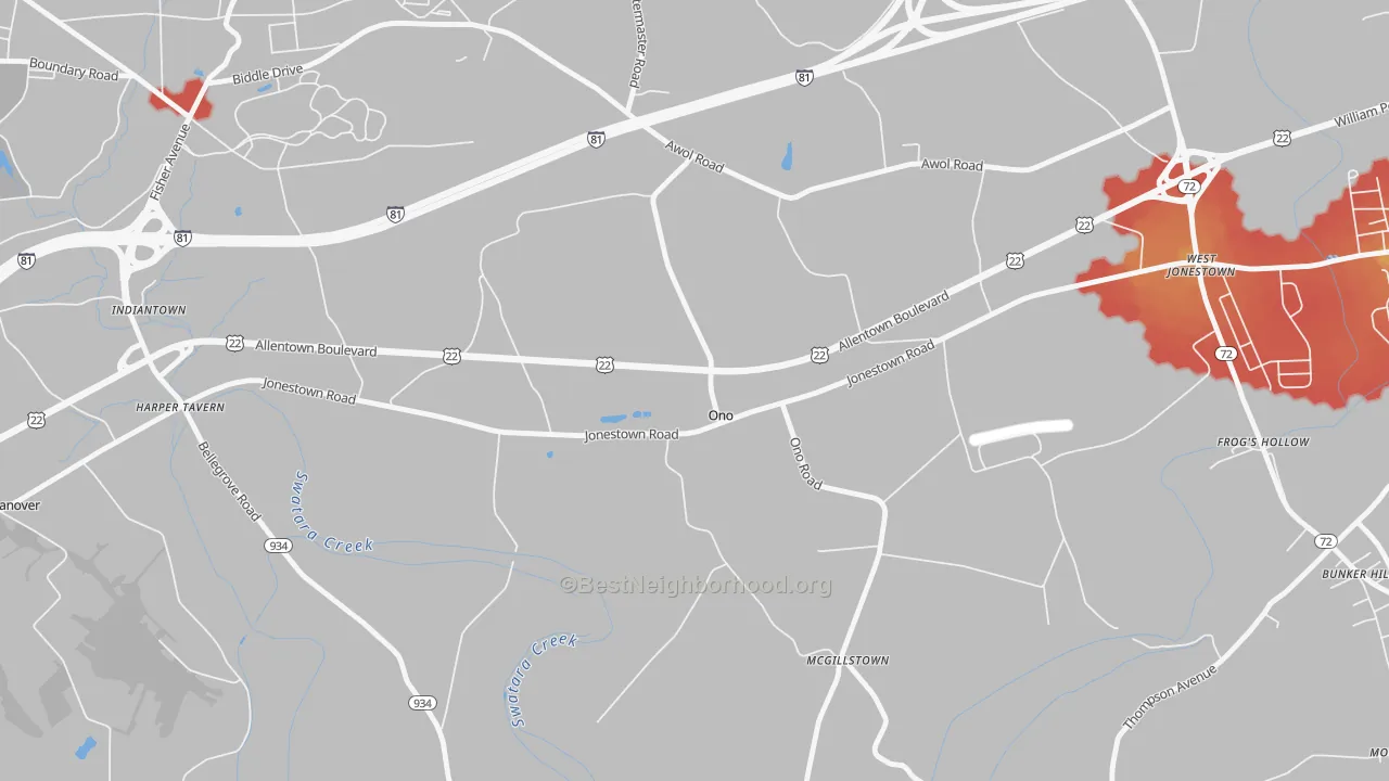 Walk Grade map of Ono, PA, walkable areas in green and car-dependent areas in red