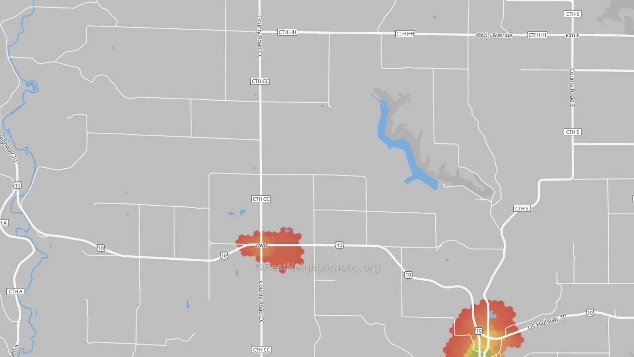Walk Grade map of Ono, WI, walkable areas in green and car-dependent areas in red
