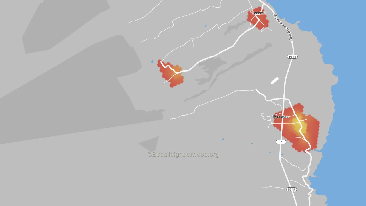 Walk Grade map of Onomea, HI, walkable areas in green and car-dependent areas in red