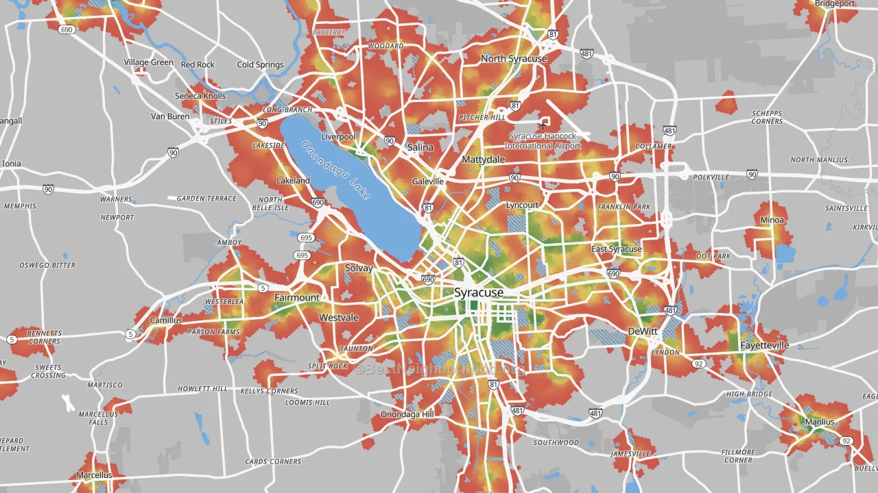 Walk Grade map of Onondaga County, NY, walkable areas in green and car-dependent areas in red