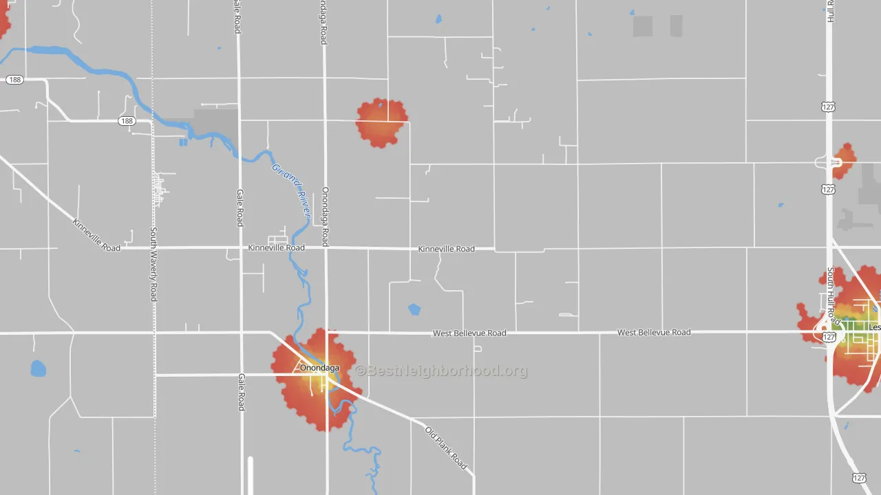 Walk Grade map of Onondaga, MI, walkable areas in green and car-dependent areas in red