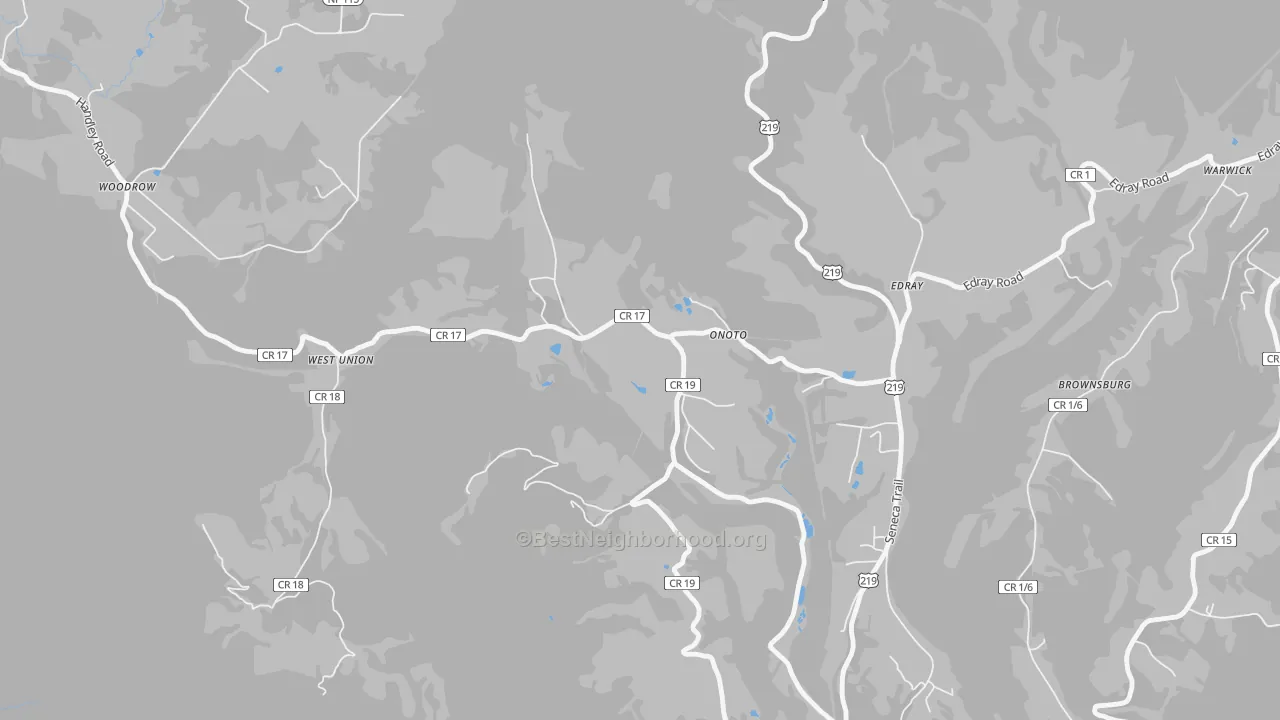 Walk Grade map of Onoto, WV, walkable areas in green and car-dependent areas in red