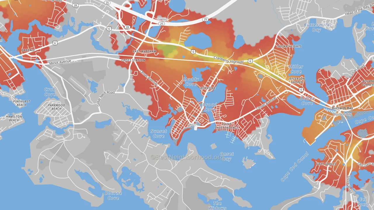 Walk Grade map of Onset, MA, walkable areas in green and car-dependent areas in red