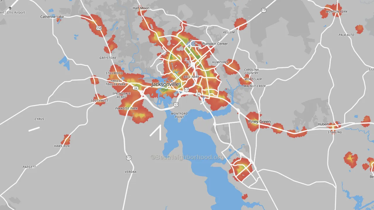 Walk Grade map of Onslow County, NC, walkable areas in green and car-dependent areas in red