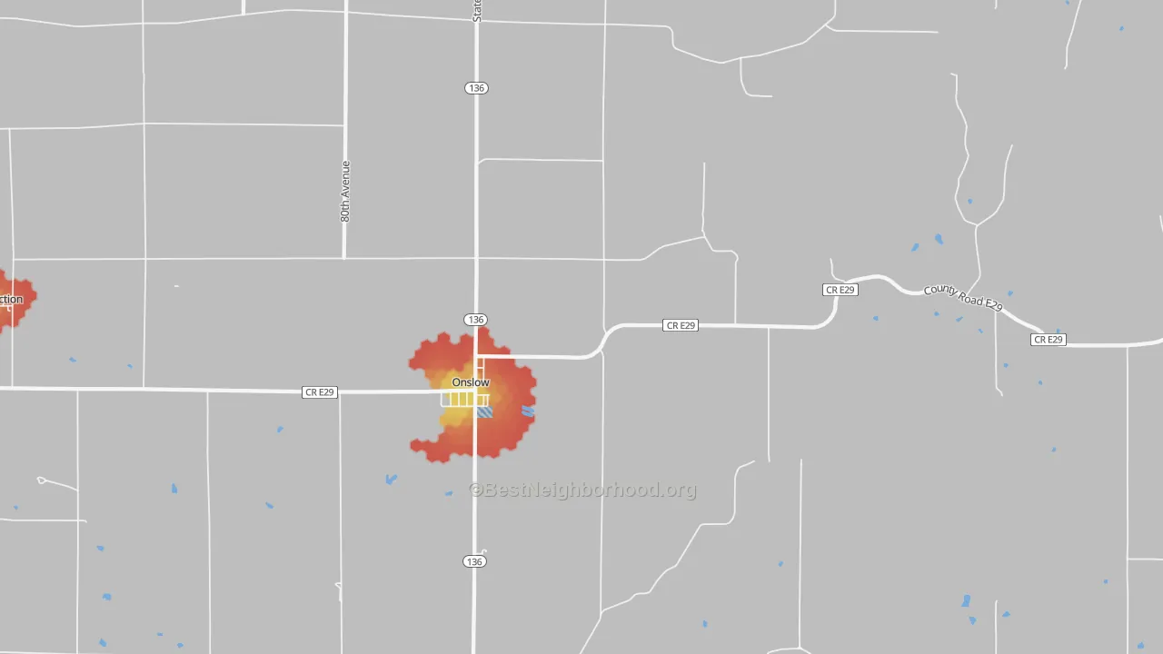 Walk Grade map of Onslow, IA, walkable areas in green and car-dependent areas in red