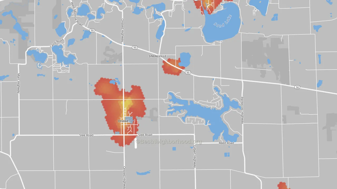 Walk Grade map of Onsted, MI, walkable areas in green and car-dependent areas in red