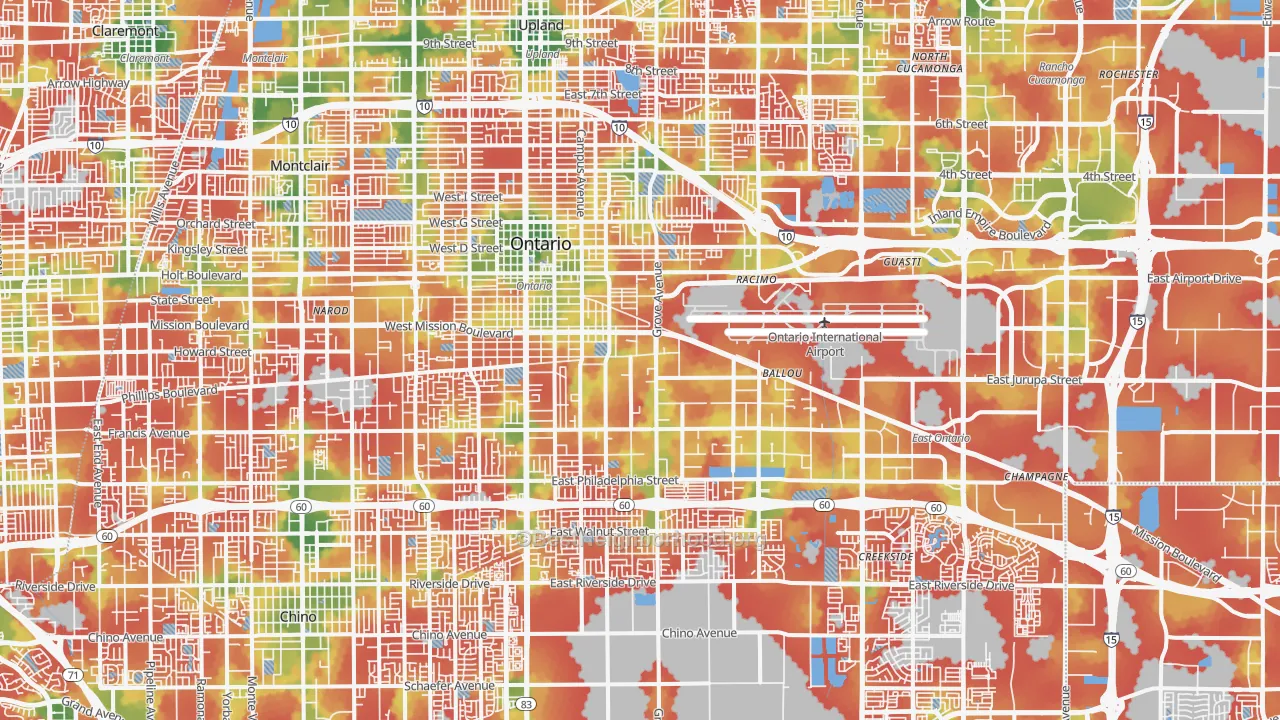 Walk Grade map of Ontario, CA, walkable areas in green and car-dependent areas in red