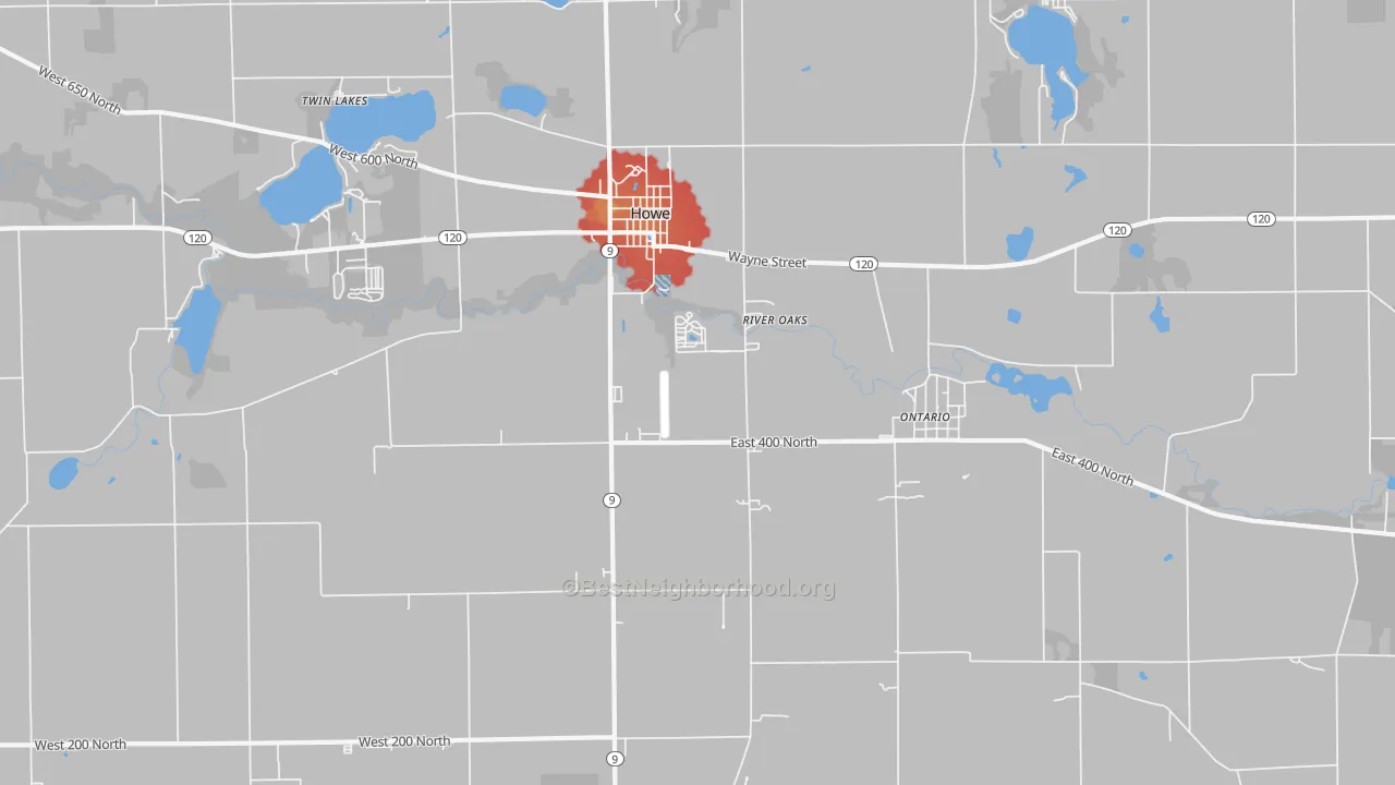 Walk Grade map of Ontario, IN, walkable areas in green and car-dependent areas in red