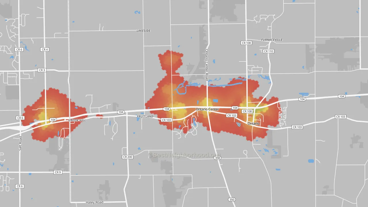 Walk Grade map of Ontario, NY, walkable areas in green and car-dependent areas in red