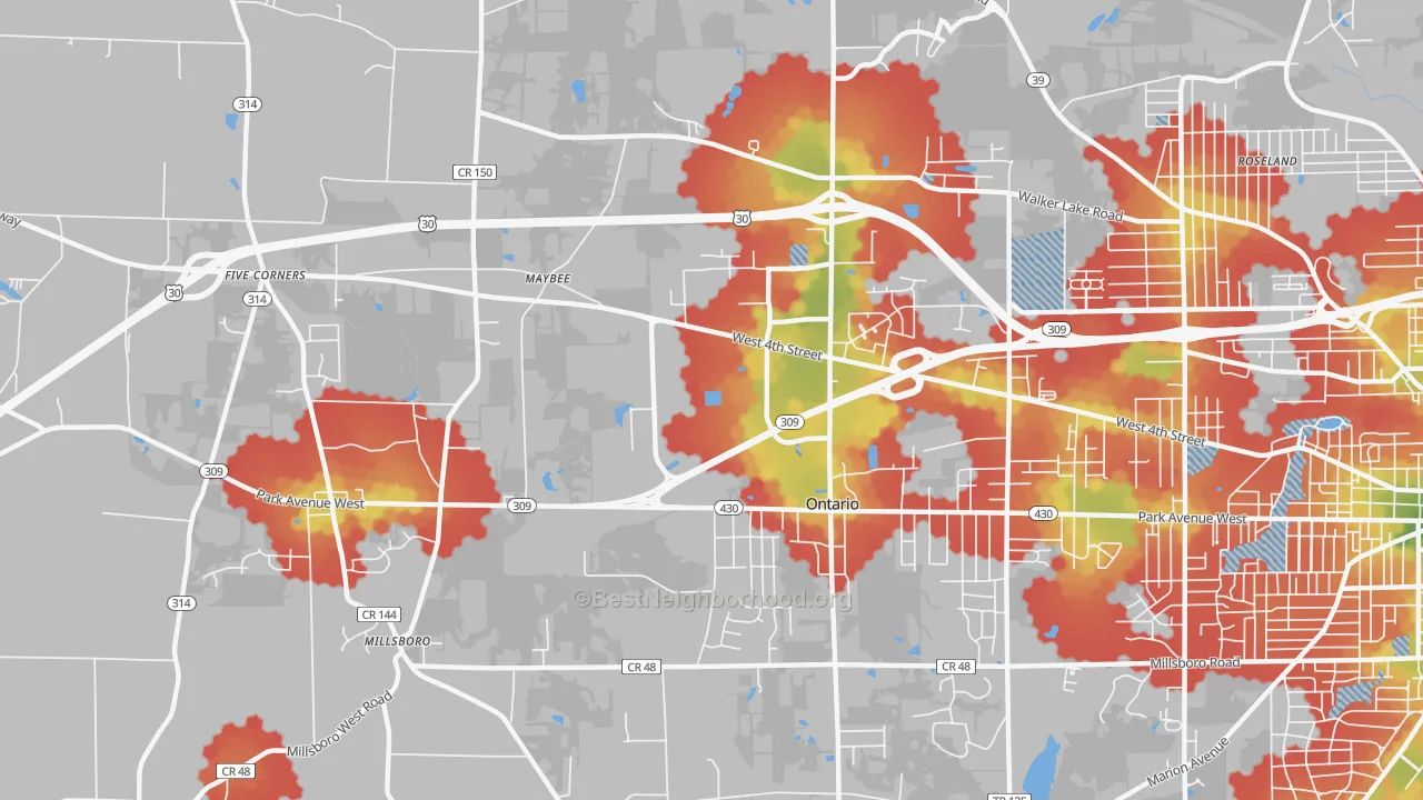 Walk Grade map of Ontario, OH, walkable areas in green and car-dependent areas in red