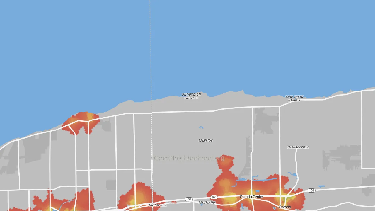 Walk Grade map of Ontario on the Lake, NY, walkable areas in green and car-dependent areas in red