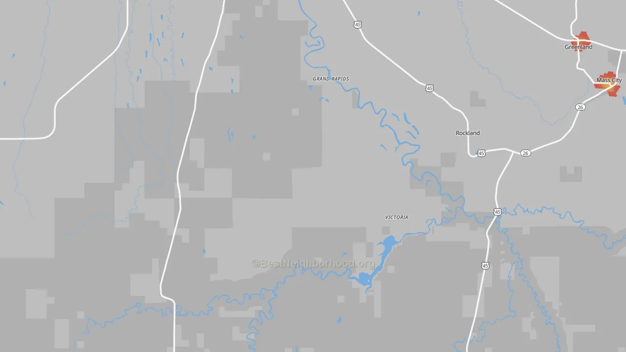Walk Grade map of Ontonagon County, MI, walkable areas in green and car-dependent areas in red