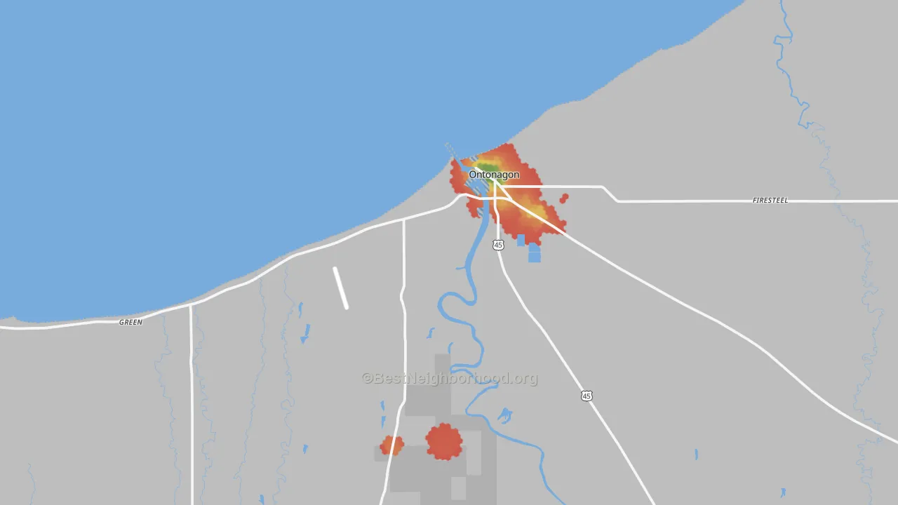 Walk Grade map of Ontonagon, MI, walkable areas in green and car-dependent areas in red
