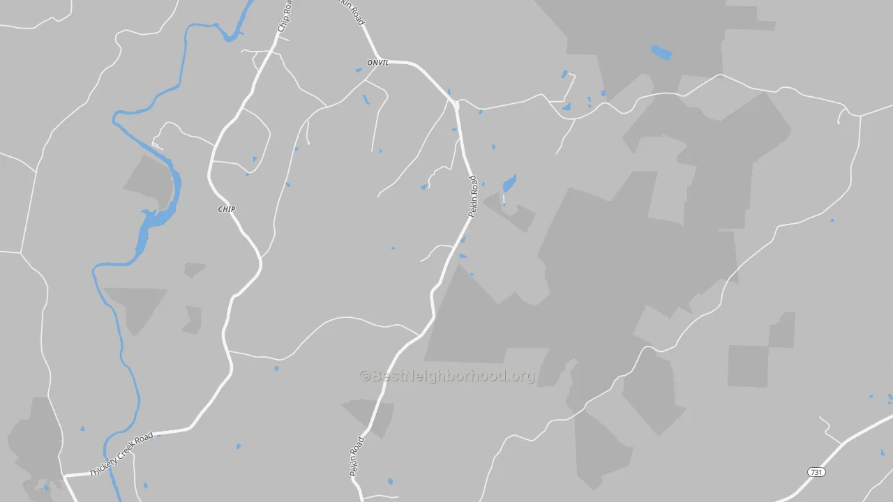 Walk Grade map of Onvil, NC, walkable areas in green and car-dependent areas in red