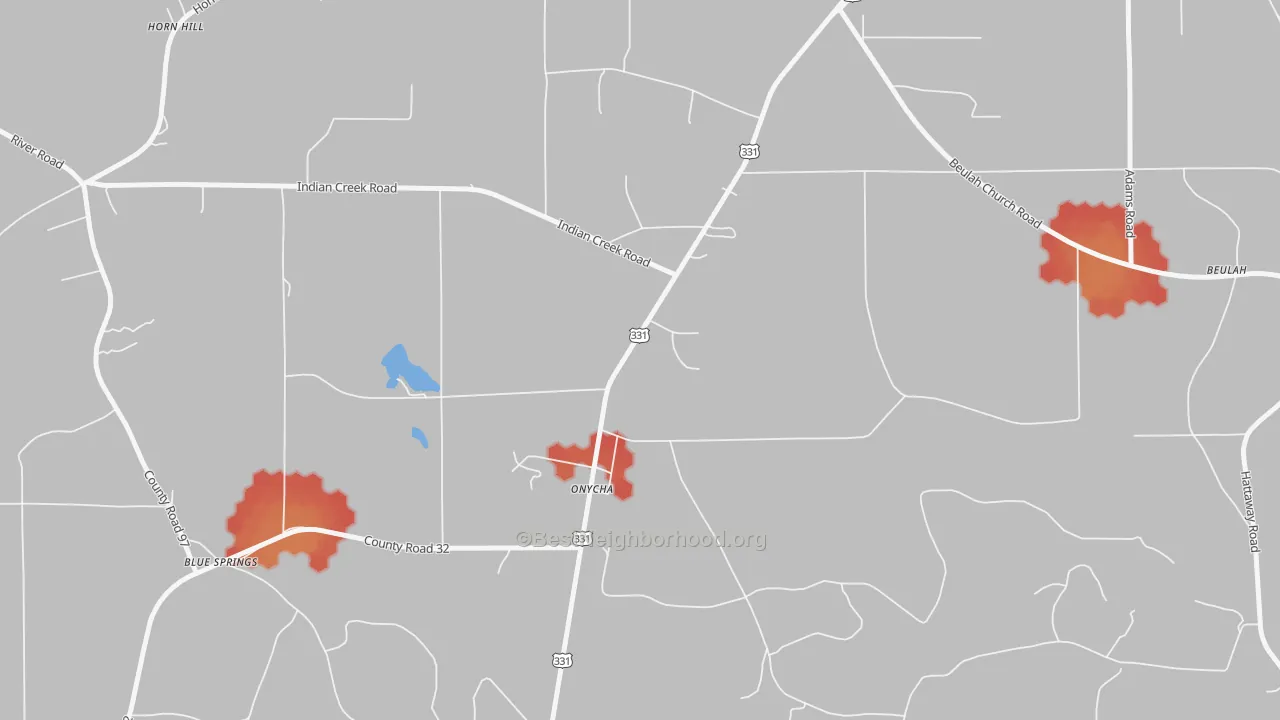 Walk Grade map of Onycha, AL, walkable areas in green and car-dependent areas in red