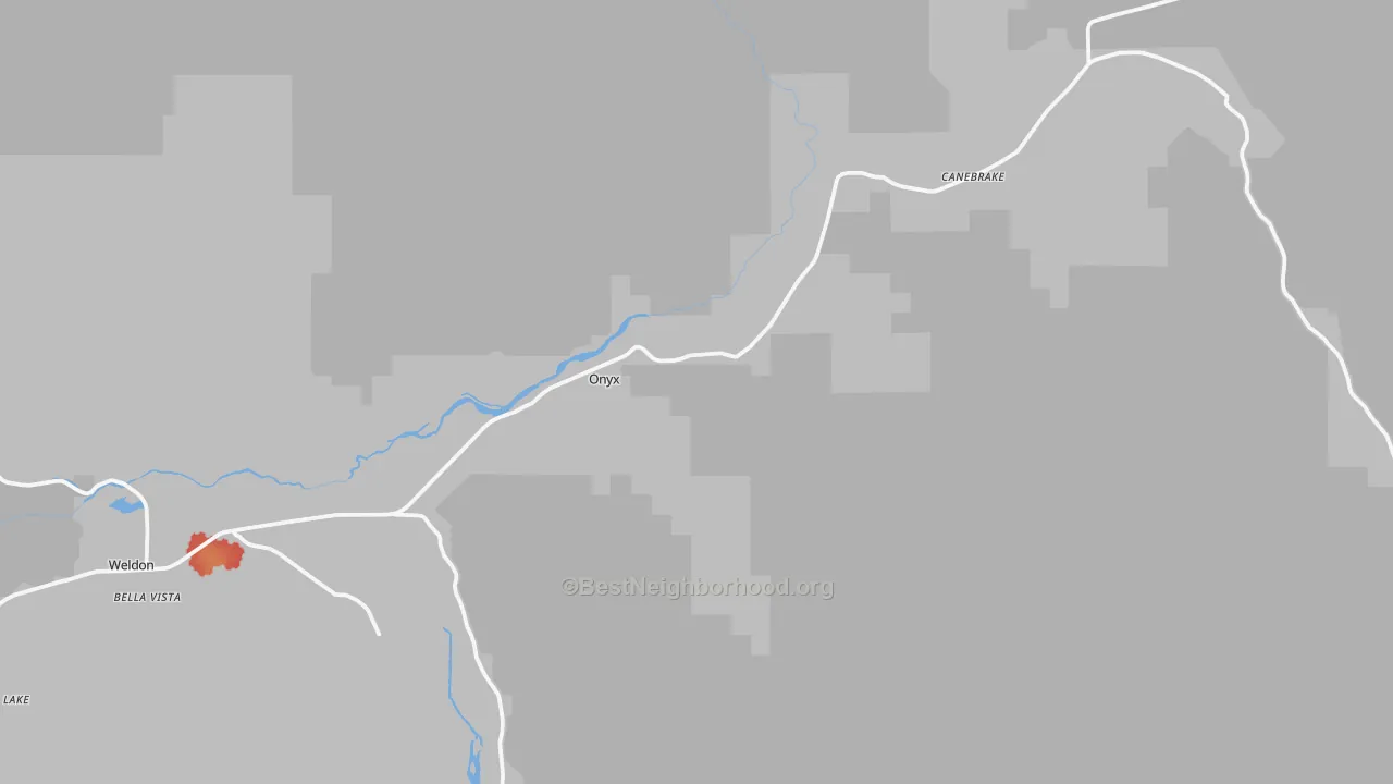 Walk Grade map of Onyx, CA, walkable areas in green and car-dependent areas in red