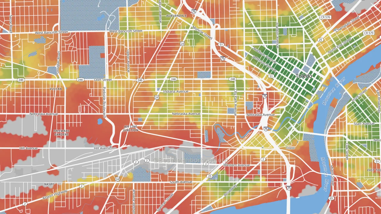 Walk Grade map of Onyx, Toledo, OH, walkable areas in green and car-dependent areas in red