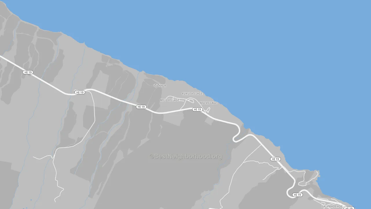 Walk Grade map of Ookala, HI, walkable areas in green and car-dependent areas in red