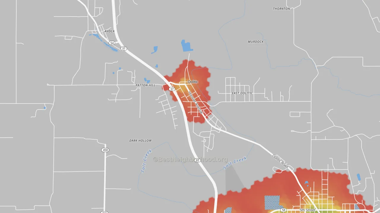 Walk Grade map of Oolitic, IN, walkable areas in green and car-dependent areas in red