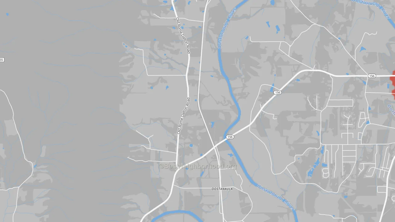 Walk Grade map of Oostanaula, GA, walkable areas in green and car-dependent areas in red