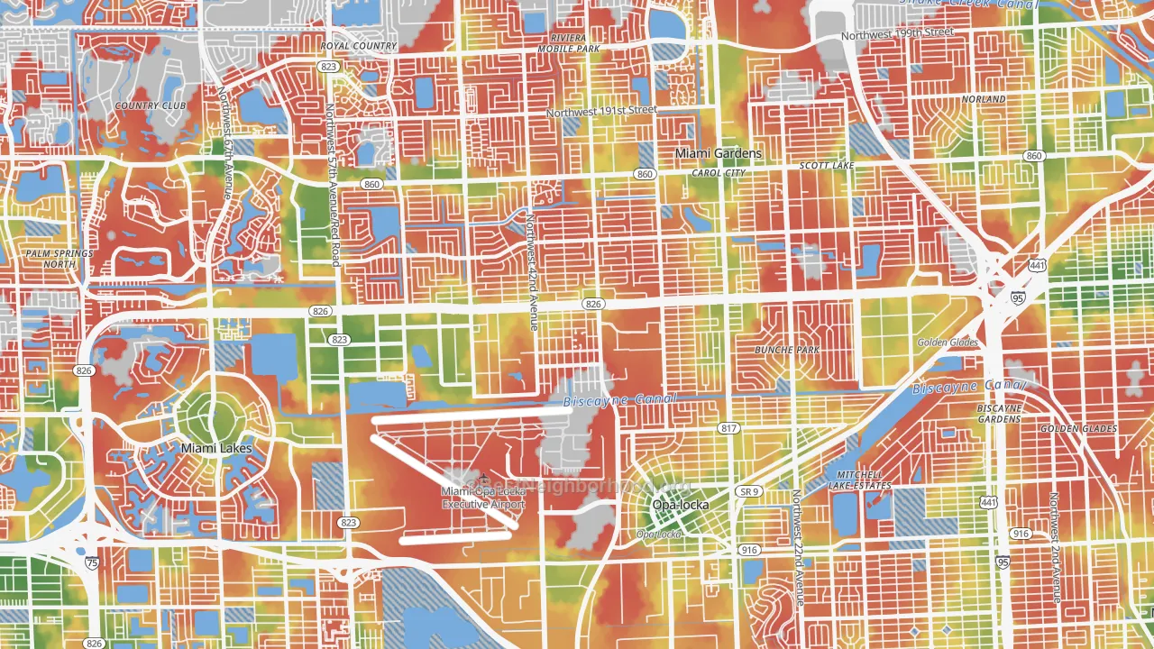 Walk Grade map of Opa-Locka, FL, walkable areas in green and car-dependent areas in red