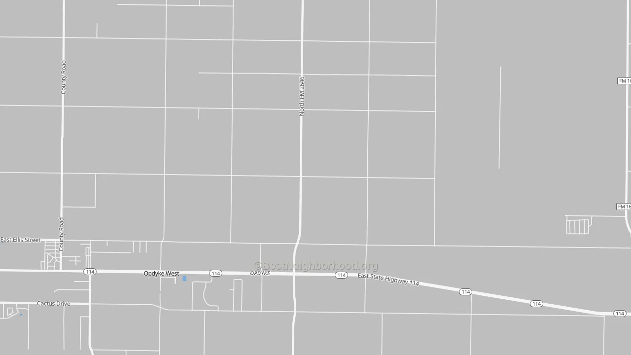 Walk Grade map of Opdyke, TX, walkable areas in green and car-dependent areas in red
