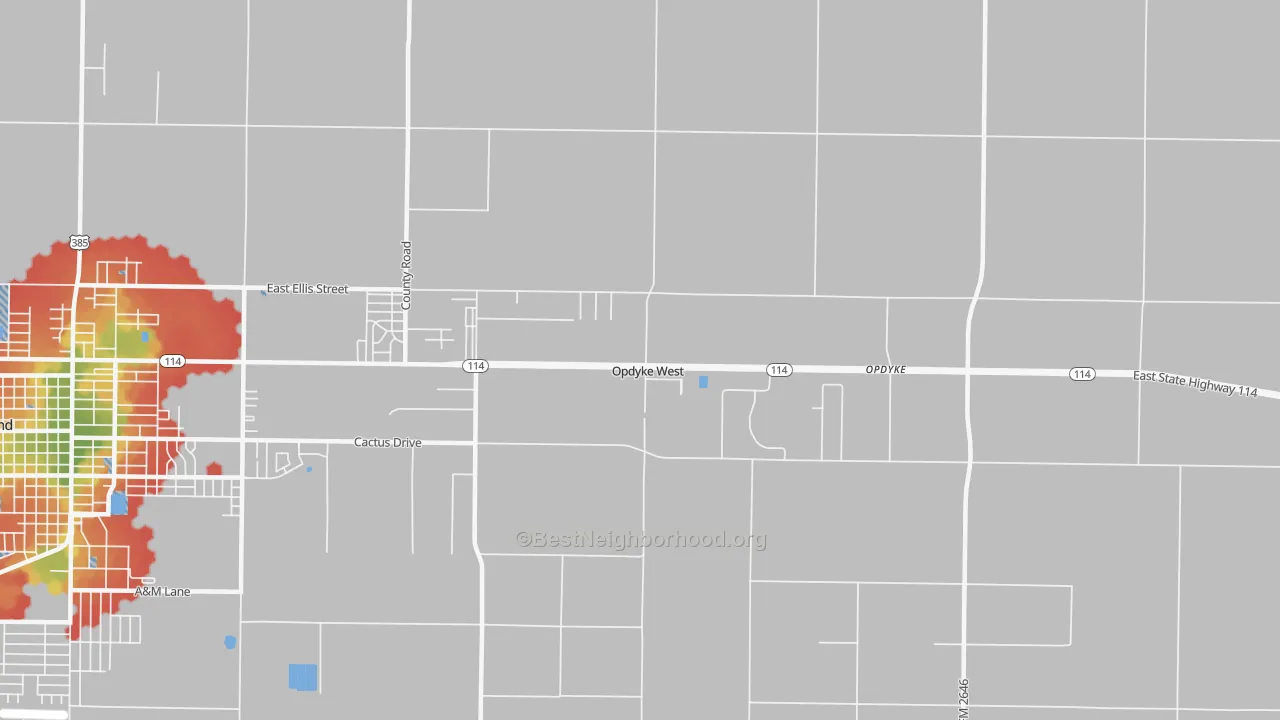 Walk Grade map of Opdyke West, TX, walkable areas in green and car-dependent areas in red