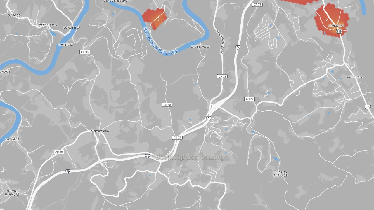 Walk Grade map of Opekiska, WV, walkable areas in green and car-dependent areas in red