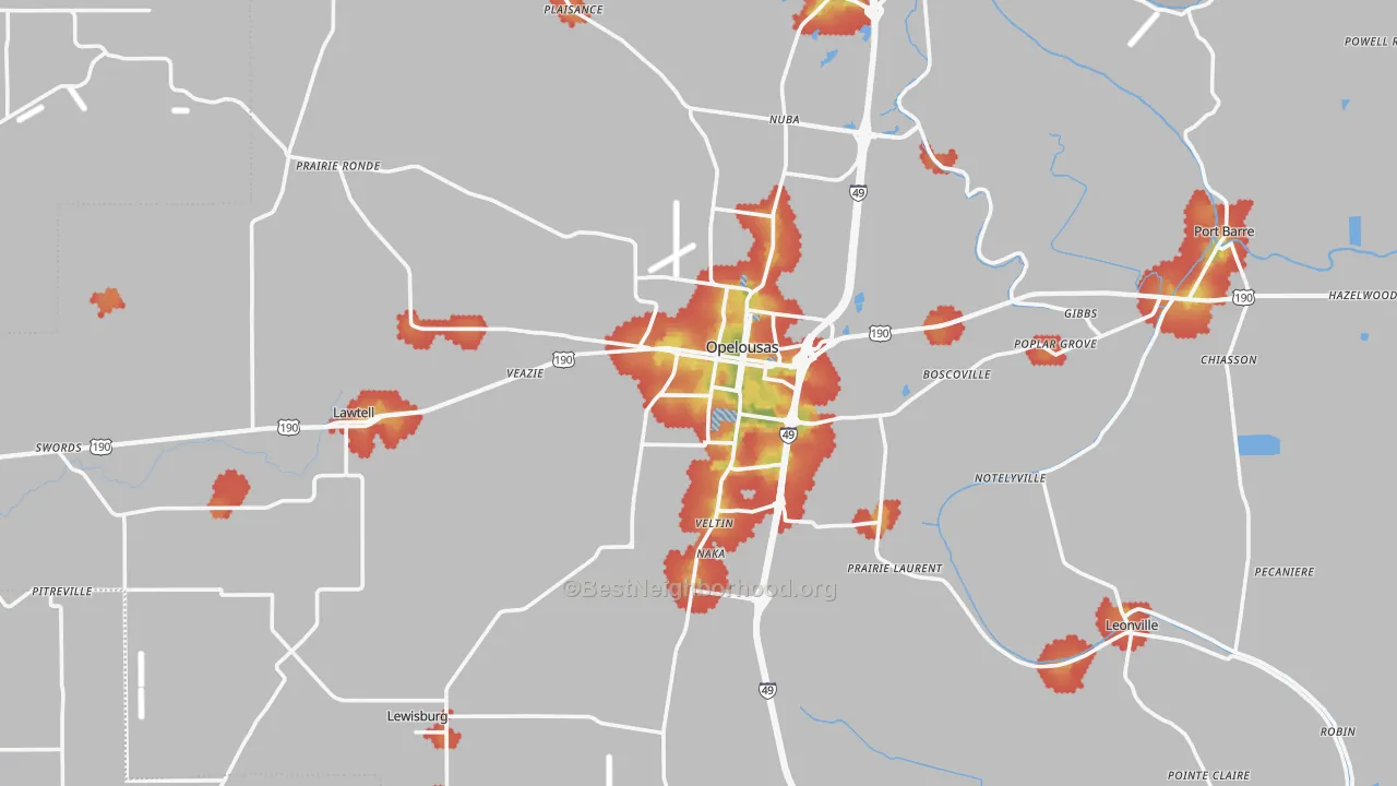 Walk Grade map of Opelousas, LA, walkable areas in green and car-dependent areas in red
