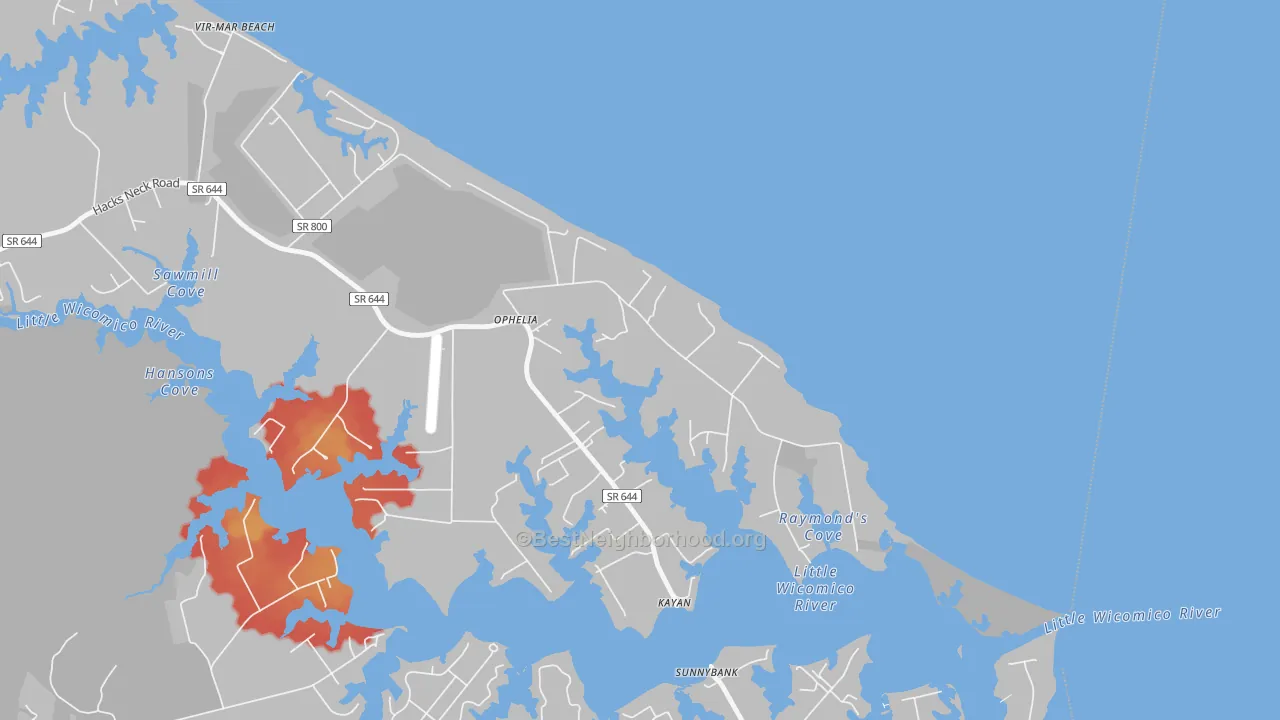 Walk Grade map of Ophelia, VA, walkable areas in green and car-dependent areas in red