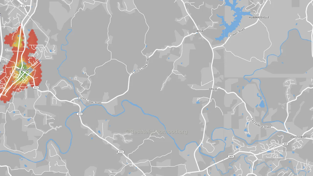 Walk Grade map of Ophir, GA, walkable areas in green and car-dependent areas in red