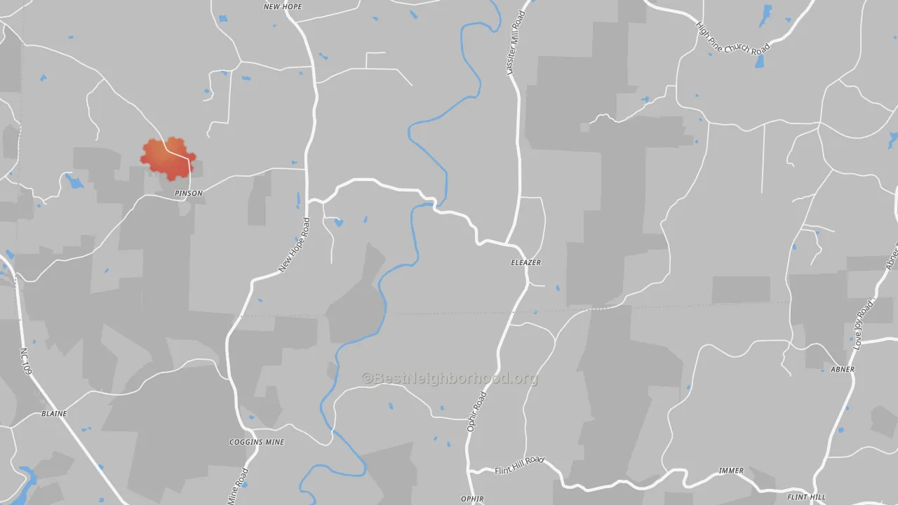Walk Grade map of Ophir, NC, walkable areas in green and car-dependent areas in red