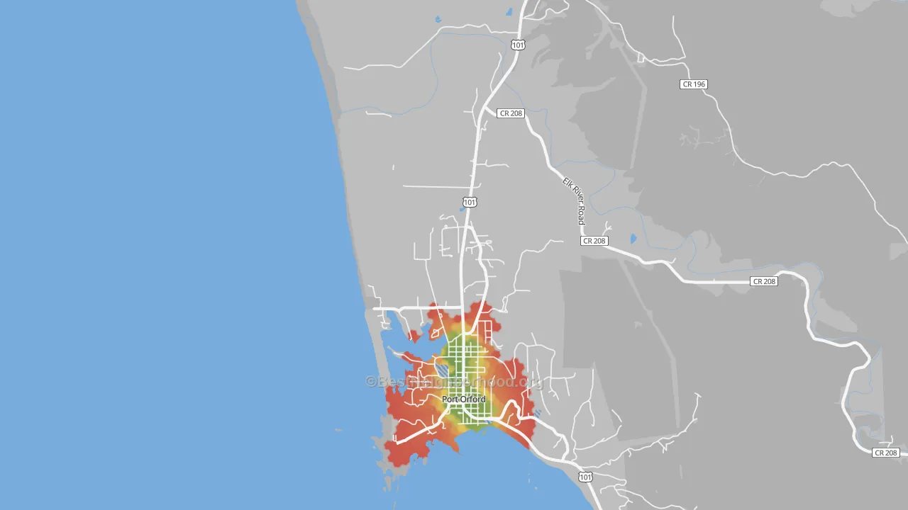 Walk Grade map of Ophir, OR, walkable areas in green and car-dependent areas in red