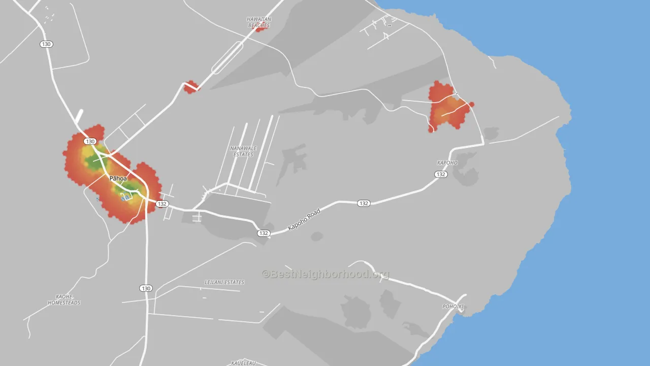 Walk Grade map of Opihikao, HI, walkable areas in green and car-dependent areas in red