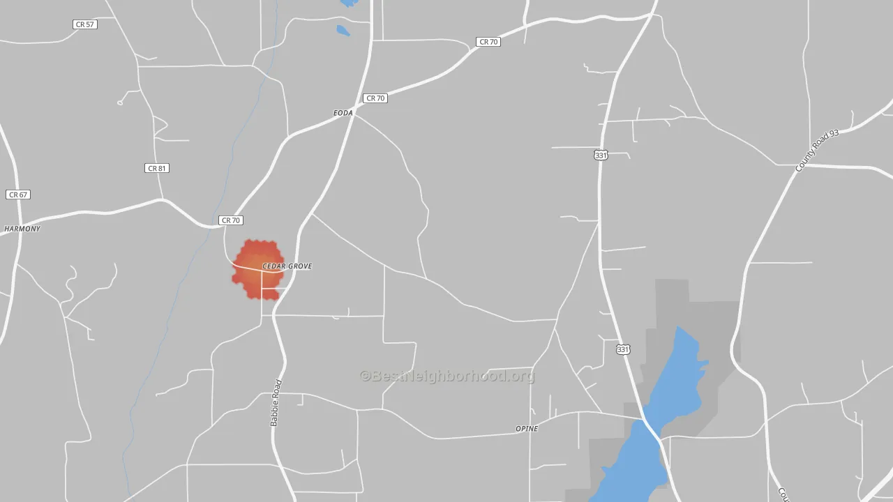 Walk Grade map of Opine, AL, walkable areas in green and car-dependent areas in red