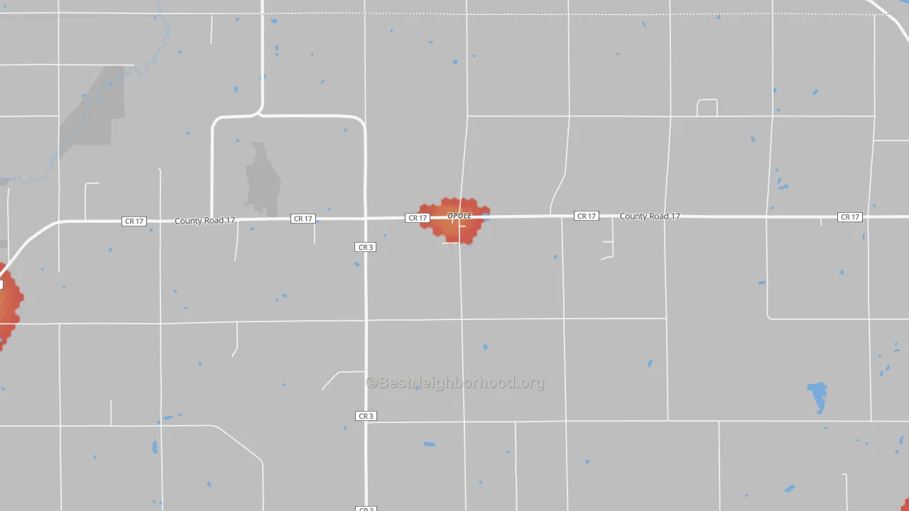 Walk Grade map of Opole, MN, walkable areas in green and car-dependent areas in red