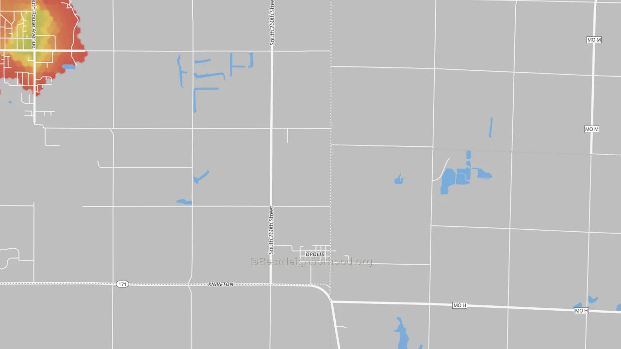 Walk Grade map of Opolis, KS, walkable areas in green and car-dependent areas in red