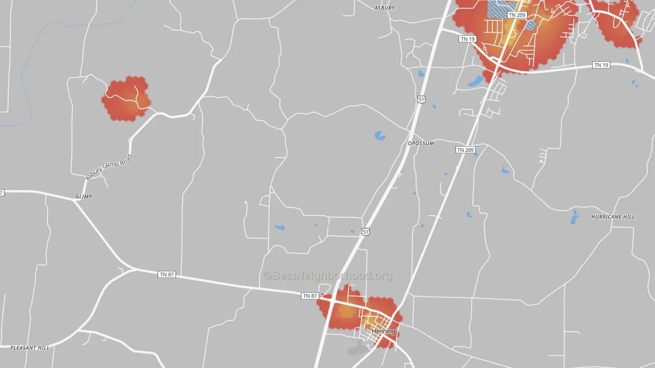 Walk Grade map of Opossum, TN, walkable areas in green and car-dependent areas in red
