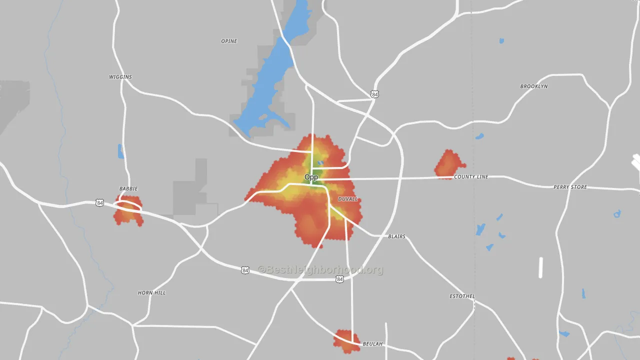 Walk Grade map of Opp, AL, walkable areas in green and car-dependent areas in red