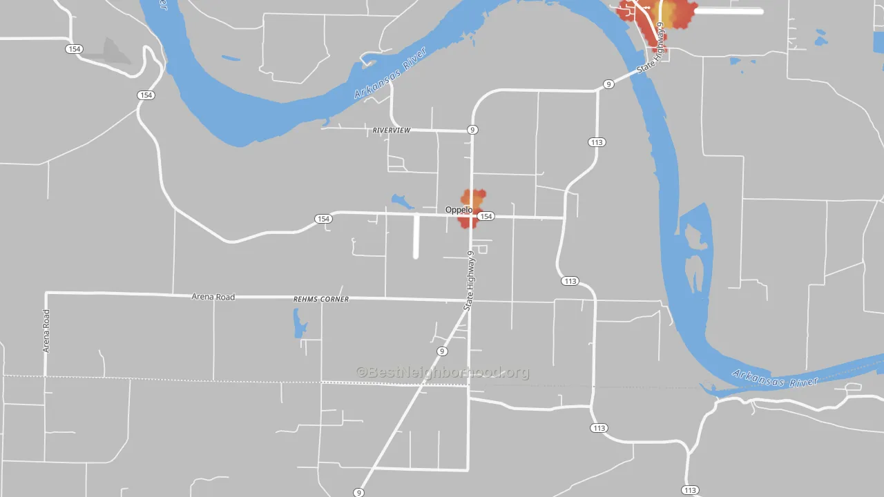Walk Grade map of Oppelo, AR, walkable areas in green and car-dependent areas in red