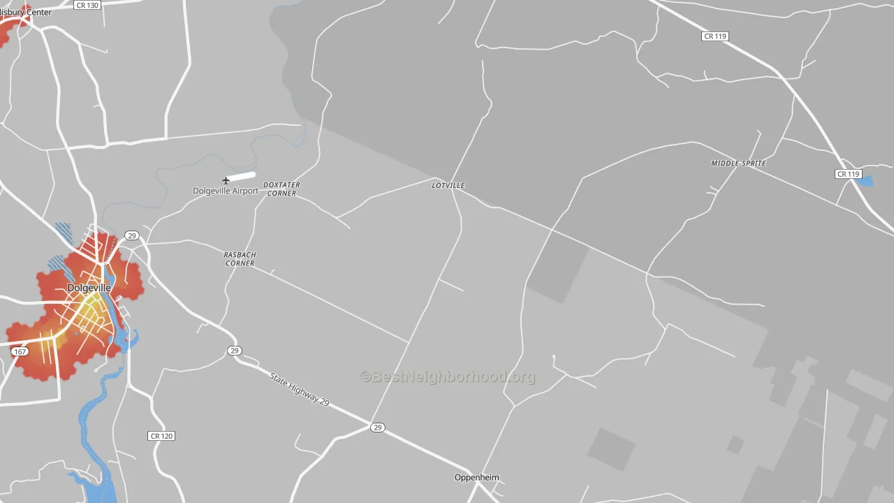 Walk Grade map of Oppenheim, NY, walkable areas in green and car-dependent areas in red
