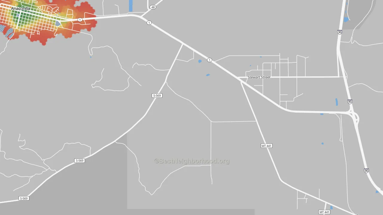 Walk Grade map of Opportunity, MT, walkable areas in green and car-dependent areas in red